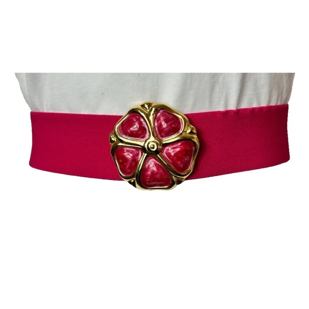 VTG Day Lor USA Pink Enamel Floral Statement Belt M Wide Cinch Stretch Retro 80s